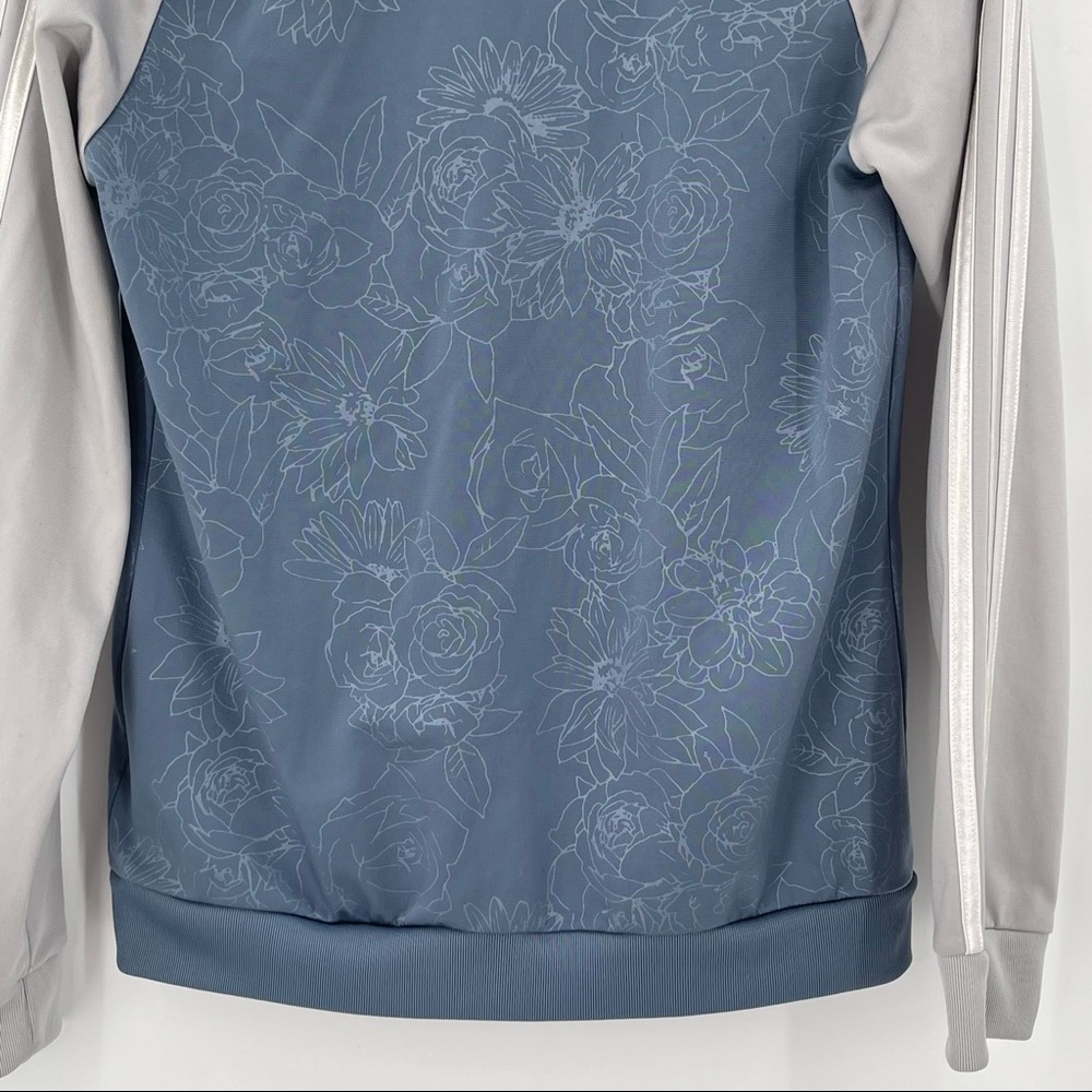 Adidas Zip Up Jacket Blue Floral Gray Sleeves with White Stripes Womens Small - Picture 7 of 15